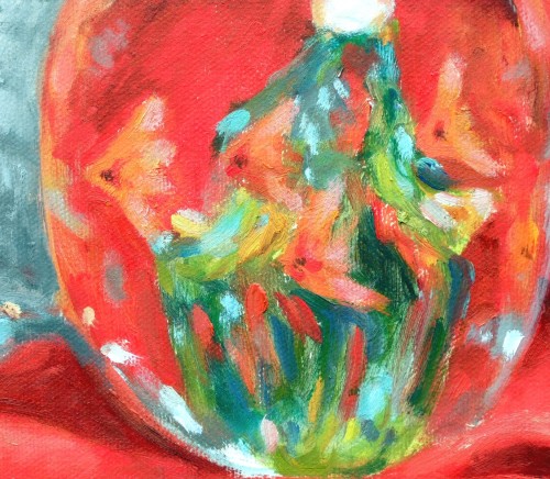 Detail - Lucky Red.  Notice how abstractly the fish and seaweed are painted in this glass paperweight.